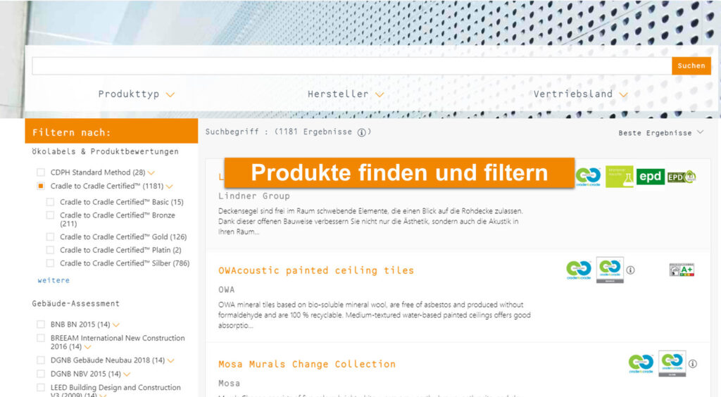 Building Material Scout hilft Produkte zu finden und zu filtern.
