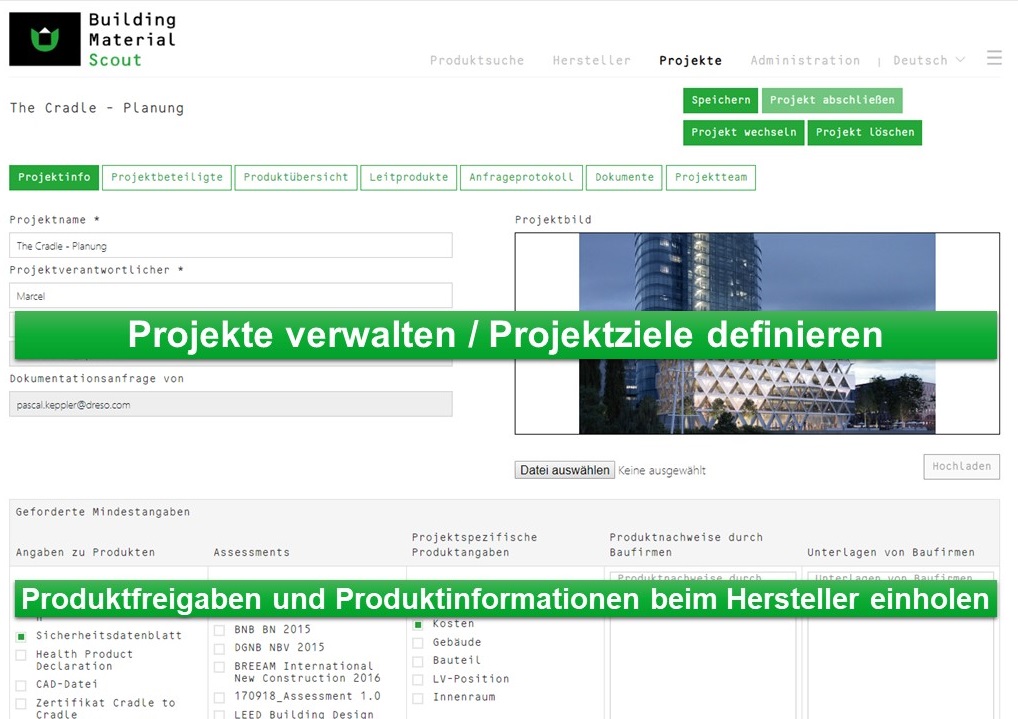 Building Material Scout hilft Produkte zu verwalten und Projektziele zu definieren.