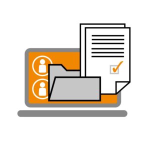 Dokumente vor einem Laptop. Mit dem Building Material Scout Produkte dokumentieren.