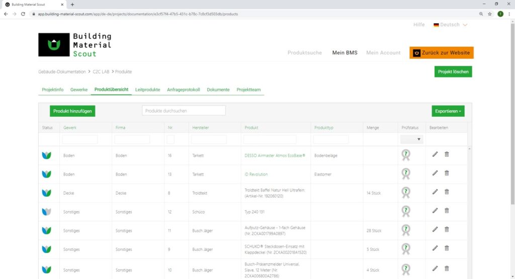 Building Material Scout liefert Informationen zu den Produkteigenschaften und den Produktbewertungen auf einen Blick.