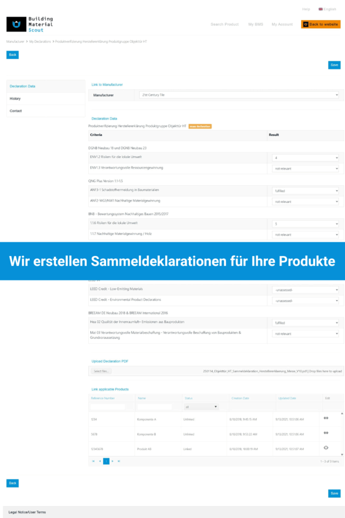 Building Material Scout Sammeldeklarationen